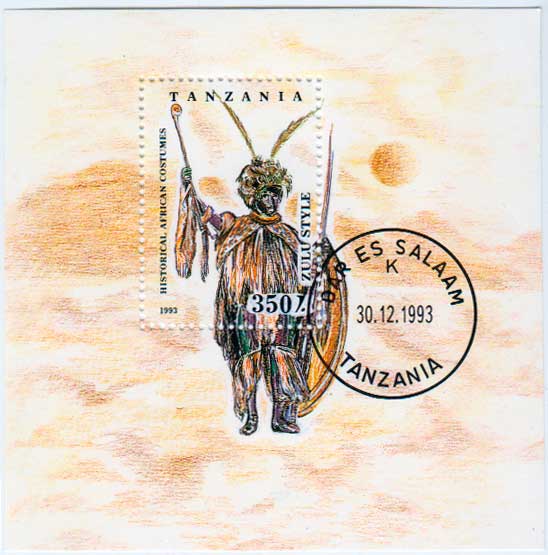 Танзания. Исторические костюмы. Зулусский воин, 1993 Почтовый блок в продаже Танзания. Исторические костюмы. Зулусский воин, 1993 Почтовый блок в продаже